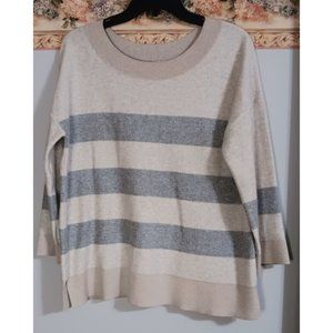 Kinross Cashmere Medium Boho Minimalist Classic Strip Beige Grey Pullover Sweate